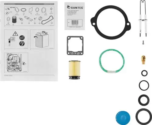 Bosch Service-Set bestehend aus verschiedenen Ersatzteilen wie Dichtungen, Filtern und Gummiringen, angeordnet um eine Montageanleitung, die Bedienungshinweise enthält.